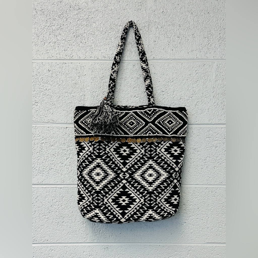 America  Beyond Boho Beaded Tote Bag  Coin Embellished Natural Fiber